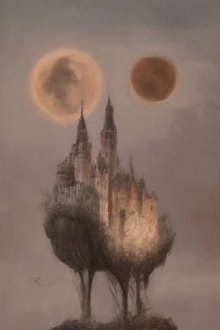 oil painting, of a castle on a cliff, forest, night, a flock of bats flying in the dark sky, reddish moon, clouds tainted red, dark theme, still life, shadows, haunted castle