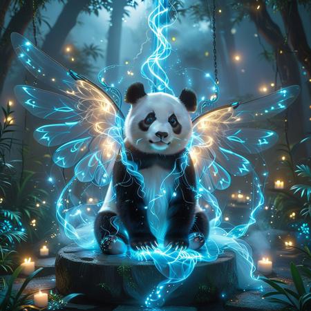 A flying fairy adorned with luminous, otherworldly elegance, featuring the serene visage of a panda. Its translucent wings shimmer with opalescent shades of silver and pale blue, trailing delicate strands of glowing energy reminiscent of lightning. The fairy hovers amidst an enchanted world aglow with luminescent fog, surrounded by glowing flora that pulse softly with spectral light. Its panda face exudes tranquility, with radiant black-and-white patterns glowing faintly under the ethereal mist. The air is alive with floating light orbs and subtle, curling wisps of lightning-like threads that illuminate the shadows. Every element of its form is infused with Mystic Lumina's serene magic—its glowing trails and the enchanting environment harmonize to create a breathtakingly luminous showcase of mystical allure and incandescent elegance