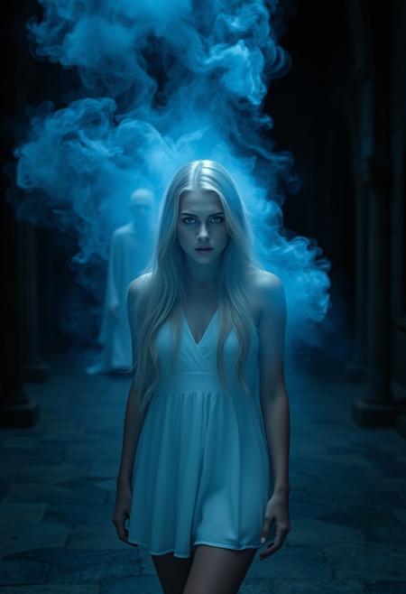 hi resolution, photorealistic, 8K, A woman, with long blonde hair, wearing a short white dress, her blue eyes open in alarm, is enveloped in a translucent blue fog, she is in an empty medieval chamber, its walls and floors dark stone, in the background a spectral figure watches