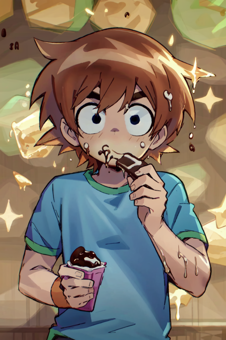 <lora:ScottPilgrim:1> ScottPilgrim Style, solo, brown hair, shirt, 1boy, holding, upper body, short sleeves, male focus, sweat, food, eating, blue shirt, chocolate, food on face, wide eyes