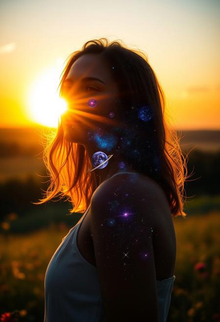 Close-up portrait of a woman standing in a lush summer meadow at sunset, with the galaxy contained within her silhouette. Soft, ethereal light illuminates her features, while a radiant aura surrounds her, blending seamlessly into the sky's warm hues. The stars and planets twinkle within her outline, as if the cosmos itself has taken refuge within her being.