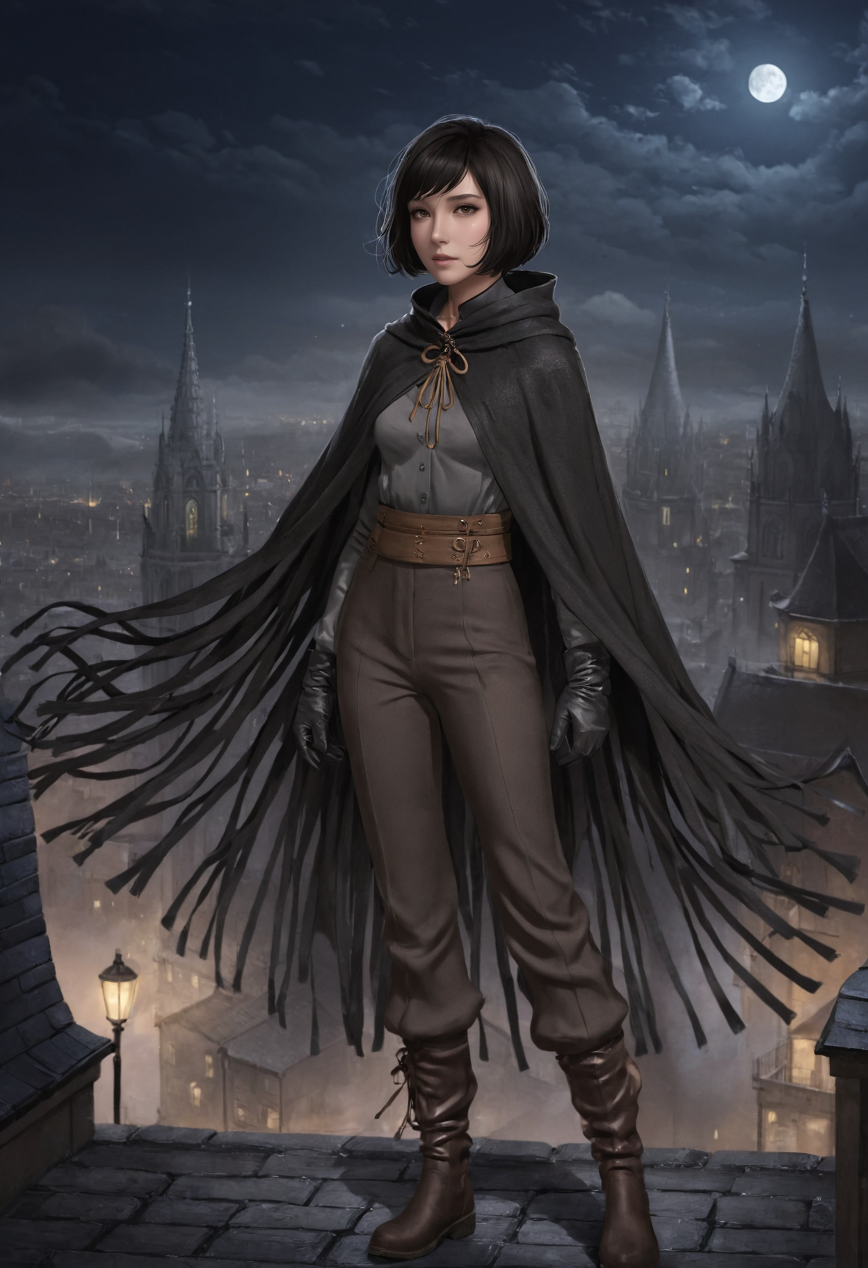 vin, 1girl, black bob haircut, brown eyes, tasselled cloak, shirt, pants, boots, gloves, city, night, mist, fantasy, <lora:Vin_sdxl:0.5>