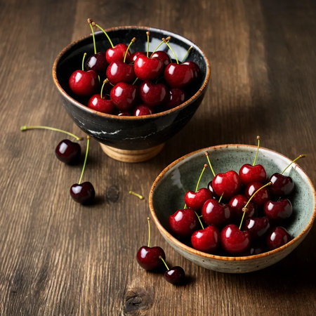 bowl of cherries, ethereal, bowl of black marble, on oak wood table