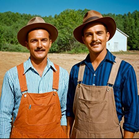 UHD, 4k, ultra detailed, cinematic, a photograph of  <lora:kodachrome xl v1:0.9>
In 1950's a cinematic Kodachrome Technicolor motion picture of two men in hats standing next to each other, perfect image, perfect body, perfect anatomy, sharp image, detailed image, Kodak film style, high quality photography, Kodachrome style, Technicolor style, 1950's style, Technicolor Monopack style, 16mm, 8mm, Super 8 movie, 35mm movie style, film color style, cinematic photography style, analog photography style, cinematic film color style, deep color style, different character, different background, different picture, Eastman Kodak style, K-14 process style, Color slide style, film skin tone style, different color, shirt, black hair, hat, jacket, outdoors, sky, 2boys, apron, real life insert, looking at viewer, smile, closed mouth, closed eyes, upper body, open clothes, day, striped, collared shirt, cloud, blurry, blurry background, facial hair, pocket, brown jacket, brown headwear, old, open jacket, blue sky, facing viewer, striped shirt, mustache, overalls, brown shirt, Kodachrome color style, neutral density style, epic, beautiful lighting, inpsiring