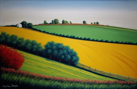(style of Josh Adamski:1.1), scenery,scene painting,a painting, plot ,boscage ,farm ,hedgerow,orchard ,yard , Cliff/Bluff ,