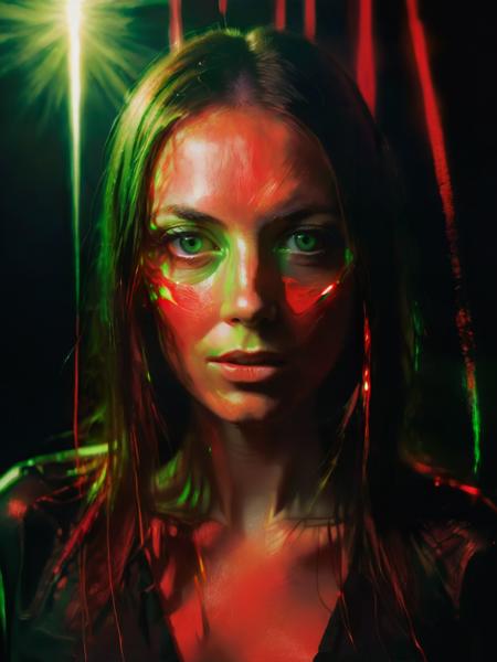 woman standing portrait of face, green and red lighting, looking at viewer, black background, sparks streaks
<lora:version10:0.75>