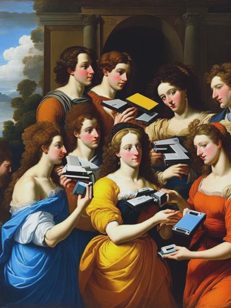 <lyco:NicolasPoussin:1.0> People listening to music, holding floppy disk drives and handing each other floppy disks. Baroque painting. In the style of Nicolas Poussin.