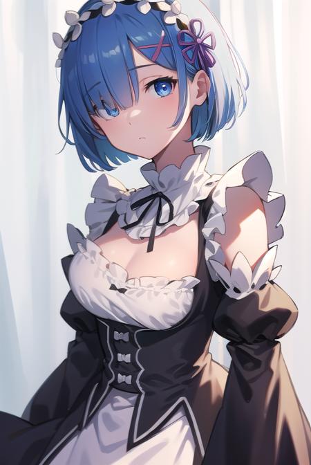 rezerorem, <lora:remtest:1>, rem, blue eyes, blue hair, hair ornament, hair over one eye, hair ribbon, short hair, x hair ornament,
BREAK apron, black ribbon, black skirt, black sleeves, detached collar, detached sleeves, flower, frilled apron, frilled skirt, frills, head wreath, long sleeves, maid, miniskirt, neck ribbon, purple ribbon, ribbon, ribbon trim, ribbon-trimmed sleeves, roswaal mansion maid uniform, short hair, skirt, thighhighs, waist apron, white apron, white thighhighs,
BREAK outdoors, city,
BREAK looking at viewer, 
BREAK <lora:GoodHands-vanilla:1>, (masterpiece:1.2), best quality, high resolution, unity 8k wallpaper, (illustration:0.8), (beautiful detailed eyes:1.6), extremely detailed face, perfect lighting, extremely detailed CG, (perfect hands, perfect anatomy),