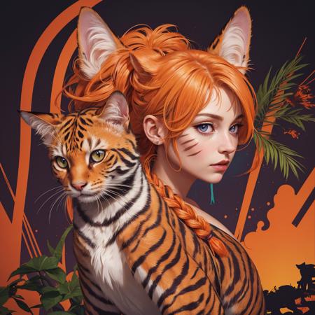(masterpiece:1.1),(highest quality:1.1),(HDR:1),full body,standing, extreme quality,cg,(negative space),detailed face+eyes,1girl,orange hair,short hair with one braid,purple eyes,cat ears,facial marks, whisker markings,animal ear fluff,orange cat tail,(plants:1.18),(fractal art),(bright colors),splashes of color background,colors mashing,paint splatter,complimentary colors,neon,(bengal cat),compassionate,electric,limited palette,synthwave,fine art,tan skin,(mauve and orange:1.2),time stop,