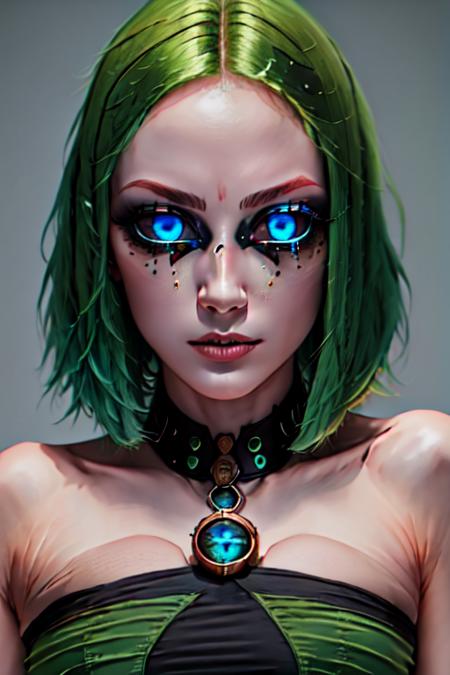 masterpiece, best quality, 1girl, solo, black sclera, colored sclera, blue eyes, green hair, short hair, face focus, arms crossed, sfw <lora:black_sclera:1>