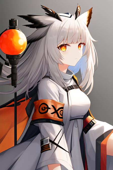 masterpiece, best quality, highres, solo, {ptilopsis_arknights:1.10}, bangs, owl_ears, white_hair, long_hair, yellow_eyes, orange_eyes, armband, holding, closed_mouth, grey_hair, breasts, feather_hair, medium_hair, 1girl, looking_at_viewer, dress, from_side, upper_body, white_dress, elite_ii_\(arknights\), jacket, long_sleeves, pointy_hair