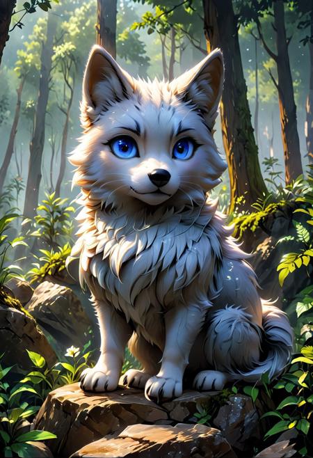 face front, misty scene, a cute wolf cub with detailed eyes, on a flat rock, sunny forest<lora:MJ52:0.6> <lora:add-detail-xl:0.8> <lora:EpicF4nta5yXL:0.8>  <lora:DonM5h4d0wM317XL:0.4> DonM5h4d0wM317XL  <lora:SDXLFaeTastic2400:0.6> <lora:3D_Style:0.8> 3dstyle <lora:MidjourneyV6.1:0.6> midjourneyv6.1