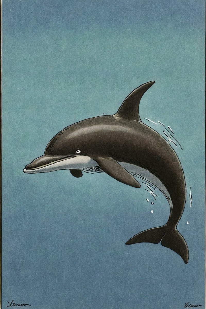 a color far side comic strip illustration of  a Dusky Dolphin by Gary Larson, <lora:Gary_Larson_Style_XL_Color_Far_side-00...