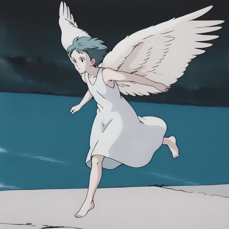 AngelOYM,1girl,aqua hair,short hair,black eyes, angel wings, white dress,sleeveless,  barefoot,