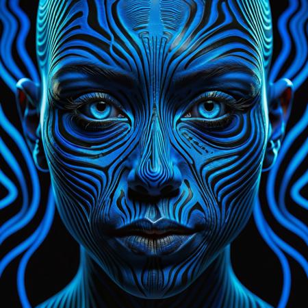 A surreal, close-up portrait of a face covered in intricate, glowing blue lines that form zebra-like stripes across the skin. The lines contour the face, emphasizing the eyes, nose, and lips, while creating a mesmerizing, abstract pattern. The background is pitch black, making the glowing lines and the details of the face stand out vividly. The overall mood is mysterious and otherworldly, with a focus on symmetry and contrast.