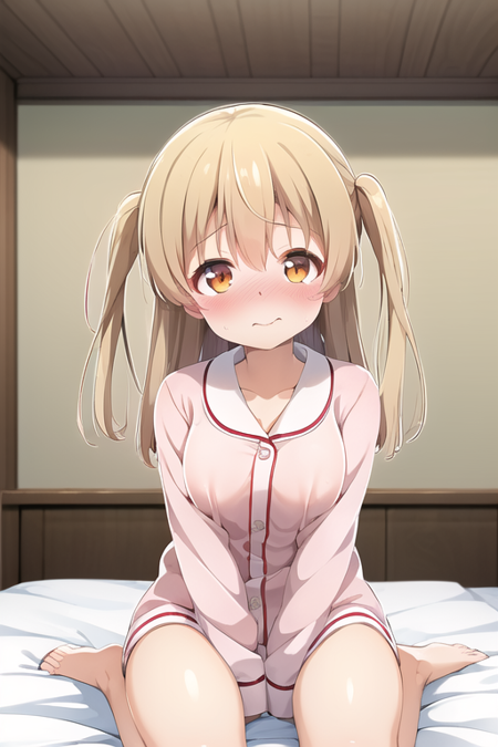 (masterpiece), (high quality:1.4, best quality:1.4), upper body, bedroom, bed, sitting, on bed, wariza, 1girl, blonde hair, orange eyes, closed mouth, blush, embarrassed, pink, pajamas, medium breasts, minagi koharu