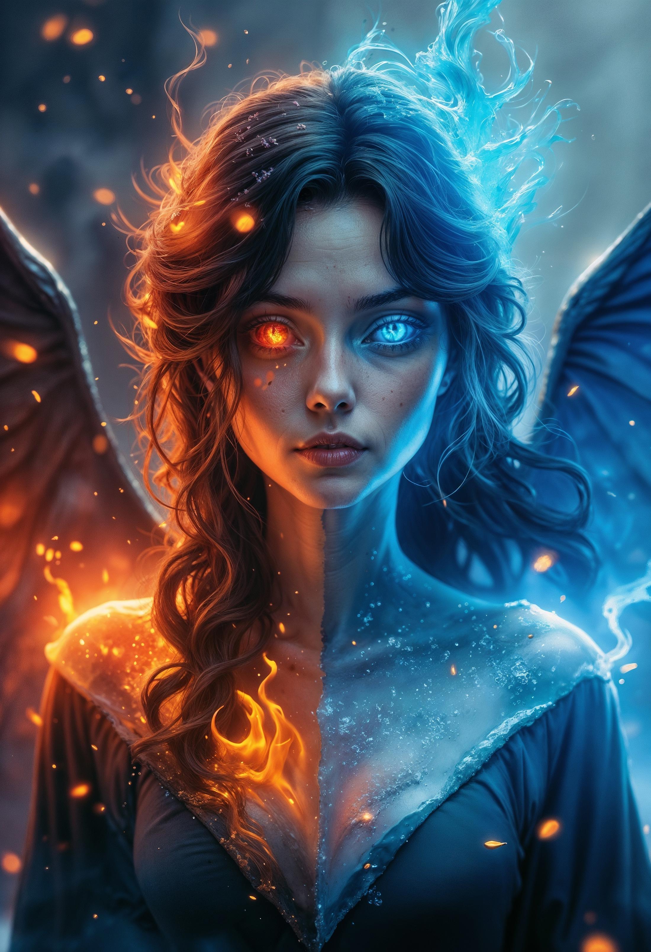 Misty Valley, a close-up of a mysterious female entity, one half of her body and face is beautiful fire goddess angelic appearance, red eyes, flaming hair, the other half of her body and face is frozen, blue icy skin, glowing eye and hair are freezing from cold, cold breath, on her back are wings corresponding to each part of the body. cold atmosphere, cinematic, masterpiece, clear focus.