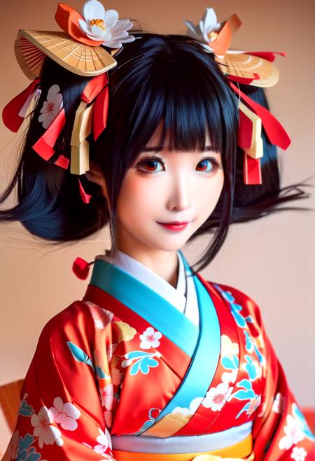 Disney animation style portrait chun momo, wearing a kimono, japanese geisha,,. Bright colors, fluid motion, charming characters, wholesome storytelling, hand-drawn animation