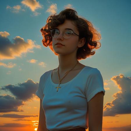 feminine, photograph, realistic, detailed, (small_breasts, perky_breasts, necklace, glasses, thick,
(20yo, nsfw, 1girl, pubic hair, short wavy hair, pretty, rouge,:1.4), sensual, exotic, mesmerizing, evocative, entrancing, artless, young, fresh, solo, (style of Henry Scott Tuke), (style of Anthony Thieme), (style of Gil Elvgren), :1.1), 
(1girl, solo, upper_body, sunset, evening, sky, from_side, gradient_sky,  twilight, nose, dusk, backlighting, blurry_background,  orange_sky, cloud, depth_of_field, sunlight, day, blue_sky, gradient_background, portrait, shirt,:1.0)