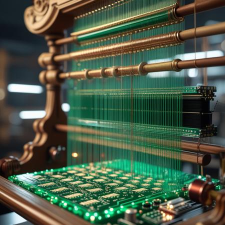 An ornate 19th-century Jacquard loom reimagined as a massive circuit-board weaving machine: the wooden frame becomes stacked translucent green PCB layers, warp and weft threads rendered as elegant copper traces, resistors and capacitors double as shuttle weights and bobbins, surface-mount ICs align like punch cards, tiny LEDs pulse along the pattern, hyper-realistic macro close-up, ultra-detailed, dramatic cinematic lighting, shallow depth of field, 8K resolution.