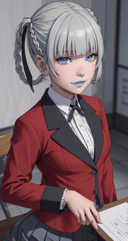 <lora:VRAMs3DMomobami640:0.5> , 1girl, xyzmomobami, hair rings, grey hair, masterpiece, beautiful, portrait, blue lips, closeup, pleated skirt, red coat, school_uniform