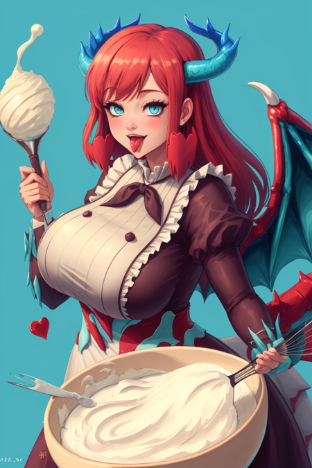 <lora:Kitchen_Dragonmaid-10:0.8>, kitchen_dragonmaid, simple background, white background, holding, heart, wings, tongue, tongue out, huge breasts, dated, spoken heart, bowl, gigantic breasts, whisk, blue horns