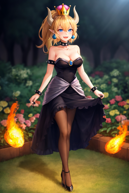 (masterpiece, best quality:1.2), bowsette, looking at viewer, blush, smile, open mouth, dress, cleavage, hair between eyes, bare shoulders, jewelry, standing, collarbone, tail, full body, ponytail, pantyhose, earrings, teeth, pointy ears, nail polish, black footwear, black dress, high heels, fingernails, strapless, fire, sharp teeth, brooch, black nails, strapless dress, sharp fingernails, black collar, turtle shell, breathing fire, garden, (night:0.1), HDR, bokeh