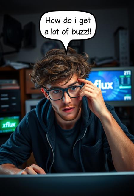 Photorealistic, a tech nerd with messy curly hair is rubbing his face, his screen reading 'flux generate'. His room is dark and cluttered. A speech bubble above his head reads, "how do i get a lot of buzz!!"