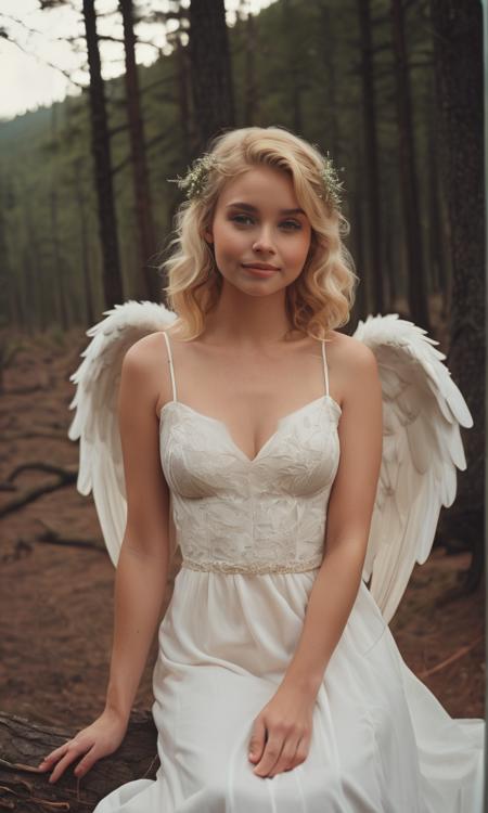 cinematic still masterpiece, best quality, medium breasts, (curvy), BREAK, 1girl, solo, blonde hair, wavy hair, angel, angel wings, halo, smile, sitting, forest, white dress, smile, looking at viewer, cowboy shot, dynamic pose, wind . emotional, harmonious, vignette, 4k epic detailed, shot on kodak, 35mm photo, sharp focus, high budget, cinemascope, moody, epic, gorgeous, film grain, grainy, masterpiece, best quality, medium breasts, (curvy), BREAK, 1girl, solo, blonde hair, wavy hair, angel, angel wings, halo, smile, sitting, forest, white dress, smile, looking at viewer, cowboy shot, dynamic pose, wind, detailed, elegant, intricate, very stylish, background, highly saturated colors, cinematic