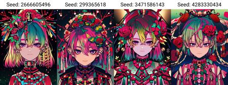 (masterpiece, best quality), (solo, 1girl), (blonde hair, pink hair, gradient hair), flower, red flower, short hair, looking at viewer, multicolored eyes, rope, bell, purple eyes, green hair, hair ornament, hair between eyes, closed mouth, hair flower, bangs, piercing, ear piercing, jewelry, earrings, jingle bell, branch,