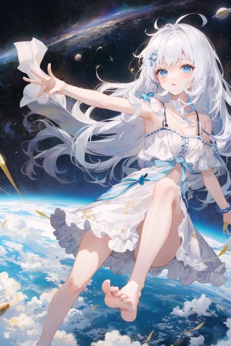 1girl, messy white hair, spaghetti strap, white dress, bare legs, bare feet, bare arms, space, Earth background, near-earth orbit, full body,