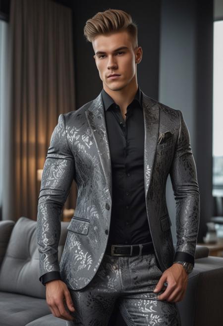 a strong 22-year-old german hunk bodybuilder male, with a fringe up undercut hairstyle, detailed face, mindless expression,  wearing a skin tight dark-gray suit with silver patterns, wearing pants,  on a modern living room, standing at attention pose, looking at viewer, portrait, photography, detailed skin, realistic, photo-realistic, 8k, highly detailed, full length frame, High detail RAW color art, diffused soft lighting, shallow depth of field, sharp focus, hyperrealism, cinematic lighting