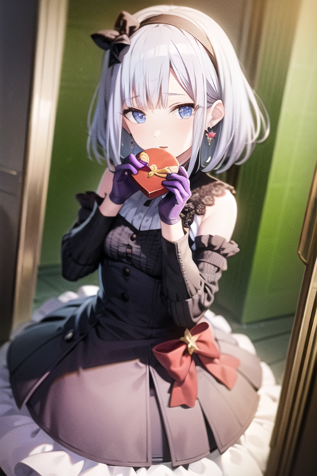 <lora:YoisakiKanade-10:0.7> ,yoka, 1girl, solo, looking at viewer, short hair, blue eyes, gloves, long sleeves, dress, bow, ribbon, holding, jewelry, purple eyes, white hair, hair bow, grey hair, heart, hairband, earrings, frills, striped, puffy sleeves, indoors, medium hair, black dress, hands up, box, purple dress, gift, valentine, gift box, purple gloves, holding gift, heart-shaped box, box of chocolates