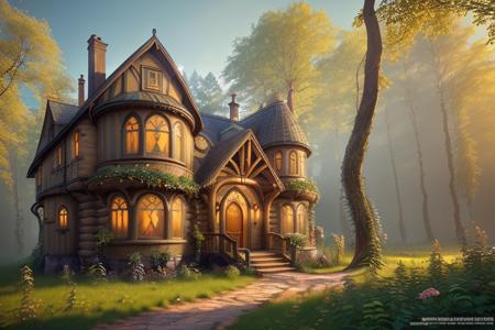 (Professional 3D rendering:1.3) of (lonely hobbithouse in the middle of a forest with a round door and round windows on its side and a pathway leading to it, at sunset), (Low-angle perspective), (natural lighting), (Wide-angle lens capturing scenery), hidden objects games, video game concept art, (8K Unity wallpaper), fine details, award-winning image, highly detailed, 16k, cinematic perspective, ((video game environment concept art style)), pretty colors, cinematic environment, architecture, gothic, home design, forest cabin, magical, dark aesthetic, cottage, fairytale, goth, goth aesthetic, fairy tail, luxury, no humans, scenery, tree, outdoors, stairs, Highly Detailed,CGSociety,ArtStation