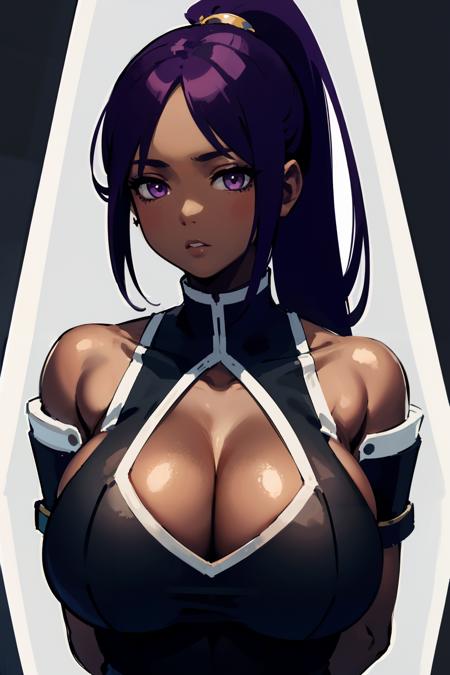 masterpiece,high quality,highres,1girl,solo,<lora:darkskin-v2-wasabiya:1>,dark-skinned female,huge breasts,dress,upper body,arms behind back,white background,very dark skin,purple hair,long hair,ponytail,