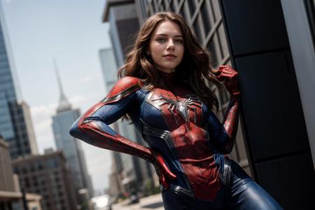 Marvel movies,from below,photo of a 18 year old girl,spiderman,hands on hips,happy,looking at viewer,blue eyes,outdoor,windy,ray tracing,detail shadow,shot on Fujifilm X-T4,85mm f1.2,sharp focus,depth of field,blurry background,bokeh,motion blur,<lora:add_detail:1>,