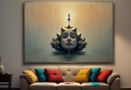Epic style (professional photo of an artistique painting in a living room, hanging on the wall), (((the painting is showing the [[[<lora:5ParDet-ColCin-nM:0.91>, (Realistic Surrealism), (Immersive Point of view, clear lines, glossy surface, oily gloss, perfect composition, symmetrically arranged depth of field, dynamic perspective, subsurface scattering), bokeh, decorative, symmetrical, by (((Yves Tanguy), Salvador Dalí, influenced by the works of René Magritte) and Giorgio de Chirico).]]] hanging on a white wall in an modern room))), in a simple frame:1.2), (the photo is taken from far away with a wide shot lens, [[taken with a Nikon D850 and Nikon AF-S NIKKOR 105mm f/1.4E ED lens]]:1.2), ((realistic sofa, painting hanging on the wall:1.2)), (detailed oil painting, painture crackles:1.2), ((full picture, full view:1.2)), ((enclosed painting:1.4)), Dynamic Ambient: Dynamic ambient creates an environment with an (ever-changing and immersive atmosphere:1.2), utilizing a combination of soft, diffused light and subtle color shifts to evoke a sense of movement and vitality. This approach fosters a (dynamic interplay of light and shadow, enhancing the depth and realism of the scene:1.4). Viewers are transported into a world where the Prompt itself becomes a living entity, constantly shifting and evolving, inviting them to immerse themselves fully in the mesmerizing experience., masterpiece, best quality, 8k, insane details, intricate details, hyperdetailed, hyper quality, high detail, ultra detailed, clear shadows and highlights, intense, enhanced contrast.