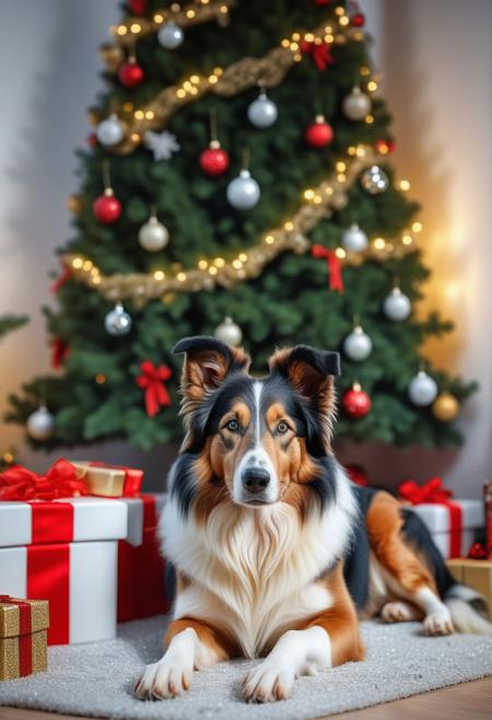 very realistic photography, a beautiful Christmas tree with gifts and a Christmas crib at the foot of the tree. Collie dog lying near the tree,
(hyper detailed:1.5)
(very detailed:1.5),
(photo:1.5,)
(photorealism:1.5),
(realistic:1.5),
bright light from toys,
close-up,
(mj:1.5),
(cinematic:1.5),
winter forest landscape,
no text,
(best quality:1.5),
(high quality photography:1.5),
HD,
8K,
4K,