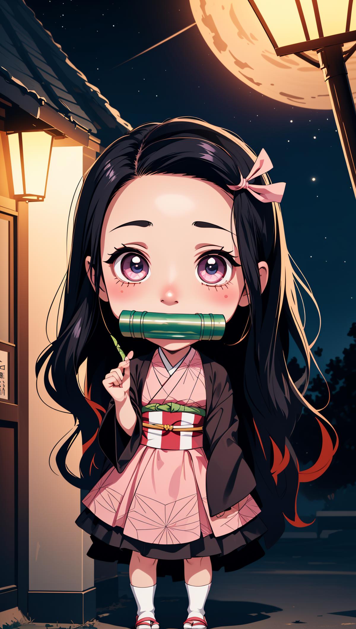 A cartoon image of a girl with black hair holding a green candy bar.