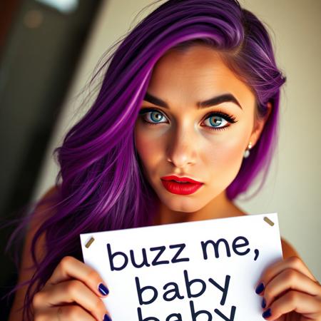 A beautiful purple-haired woman holding a sign that says "buzz me, baby," dutch angle, focus on face, big blue eyes, begging expression