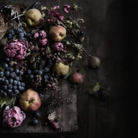 <lora:SDXL_black_and_color_Sa_May:1> Dutch still life with pheasant, peonies, pears, grapes, tulips, withered flowers, wooden table, autumn