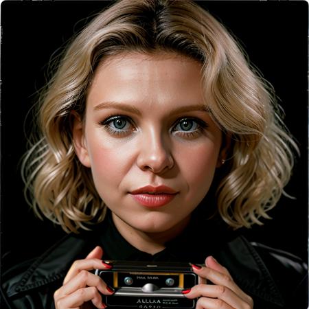 Hyperrealistic art of  <lora:Julia Larot:1.5>
Julia Larot a blonde woman with a black shirt and a black jacket posing on an old vhs video tape quality vintage Glamour Photography, Extremely high-resolution details, photographic, realism pushed to extreme, fine texture, incredibly lifelike