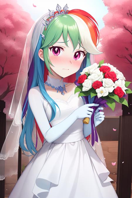 (masterpiece, best quality:1.2), <lyco:mlp_rainbowdash-10:1.0>, cowboy shot, solo, 1girl, mlpdash, blush, embarrassed, nervous, looking at viewer, holding flowers, colored skin, rainbow hair, wedding veil, purple eyes, wedding gown, wedding ceremony