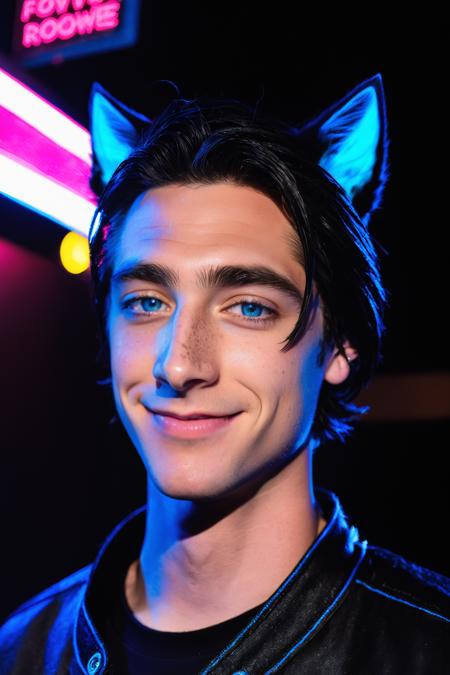 Maverick Ellis Rowe,  1boy,  male focus,  solo,  looking at viewer,  smile,  blue eyes,  black hair,  animal ears,  one eye closed,  cat ears,  lips,  night,  freckles,  realistic,  neon lights, <lora:EMS-48054-EMS:0.400000>