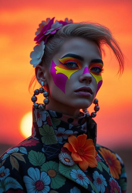 avant-garde fashion model, abstract floral patterns, bold geometric shapes, vibrant neon makeup, experimental fabrics, surreal colors, futuristic accessories, (high fashion:1.4), sunset background, artistic streetwear, exaggerated proportions, dramatic lighting, eclectic jewelry, (conceptual fashion:1.5), avant-garde hairstyle, unconventional textures, mixed media, artistic expression, (8k ultra-detailed), bold contrast, contemporary, futuristic, cutting edge