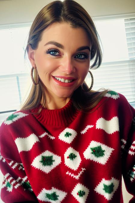 <lora:v1ckyv3tt3:1> woman wearing christmas sweater in the kitchen baking cookied, RAW, 8K, close up, smiling, stunning eyes, natural skin, (candid:1.1, amateur:1.1)