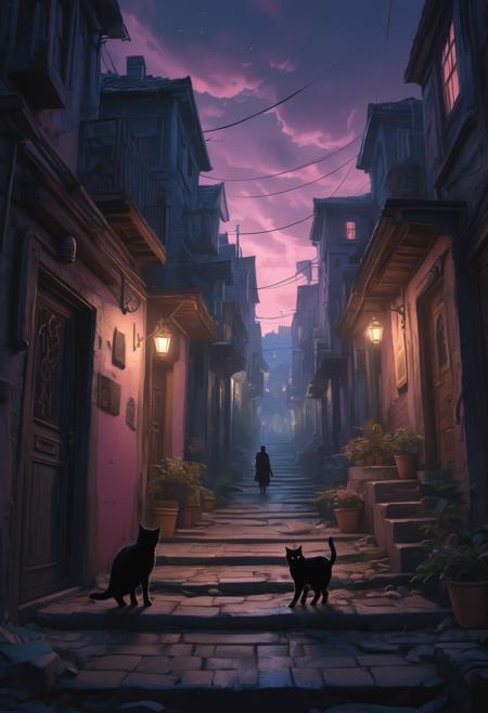 Masterpiece, Concept Art, A busy Alley in a dark fantasy city, residents walking with purpose and standing in doorways, magical evening sky, black 1cat sits of steps observing, foreboding, aesthetic , extreme details, 8k resolution detailed, trending on artstation, pastel colours