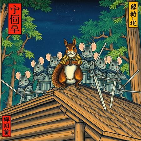 A warm summer night,  a one big squirrel dress like a commander of a group of grey mice. All  are standing on the top of a wooden roof of a big wooden cabin in the middle of the forest.  All of them wear a medieval knight armors and hold steel swords. vivid colors, ukiyo-e  style