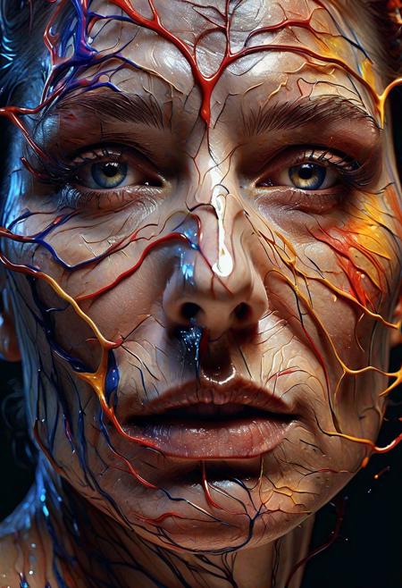 Mysterious beauty with glistening veins on skin, Close-up portrait focus, Dynamic and fluid motion expression, Color bursts across the canvas, Santiago Caruso style, Poster format, Highly detailed illustration, Radiant hues, vivid contrast, Intricate shading and linework, Cinematic lighting casting dramatic shadows, DeviantArt