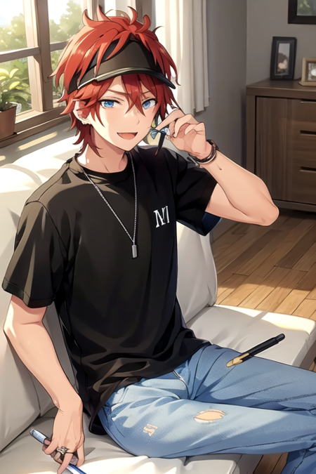 <lora:RinneAmagi-05:0.7> , rinne, solo, looking at viewer, smile, short hair, open mouth, blue eyes, shirt, 1boy, holding, jewelry, sitting, short sleeves, male focus, red hair, food, teeth, pants, indoors, necklace, bracelet, streaked hair, pillow, torn clothes, black shirt, window, headband, ring, holding food, plant, denim, t-shirt, couch, jeans, wooden floor, visor cap, blue pants, pen, torn pants, holding pen, torn jeans